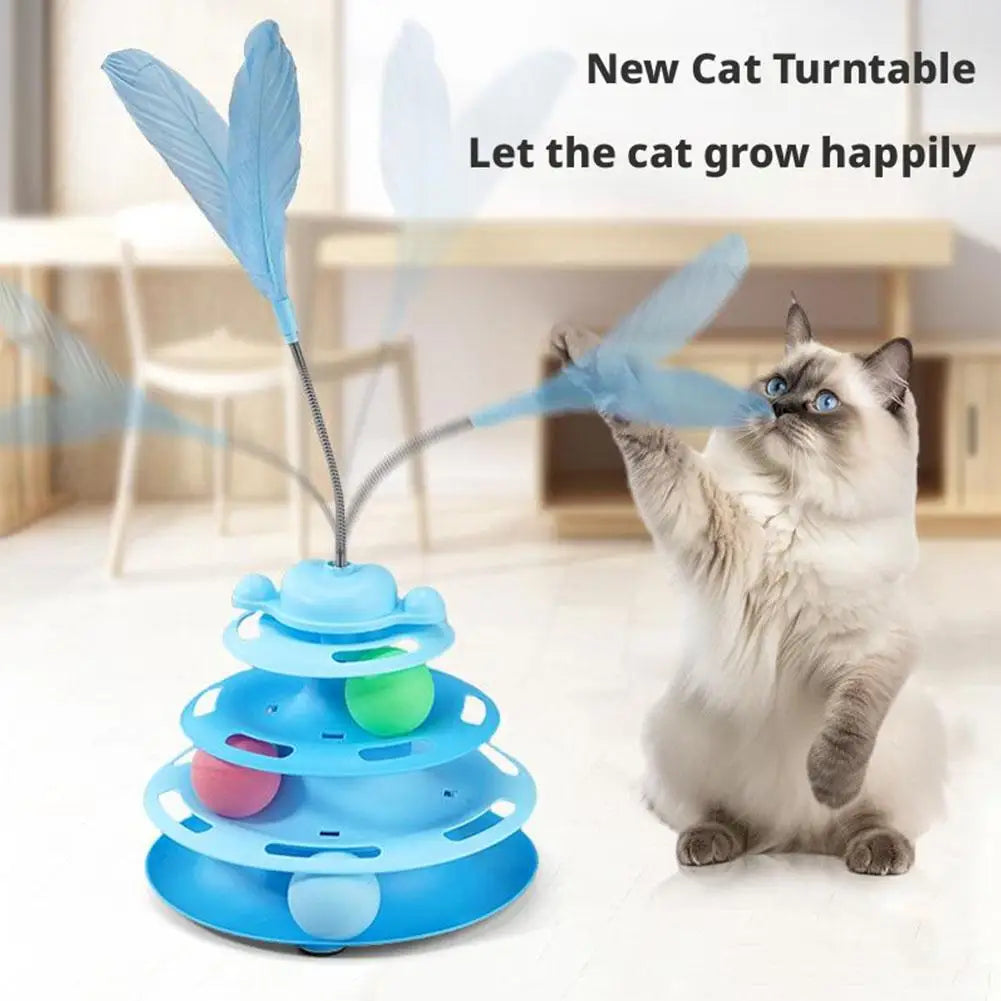 Interactive 3-Layer Cat Toy Tower - Rotating Ball & Feather Play Station