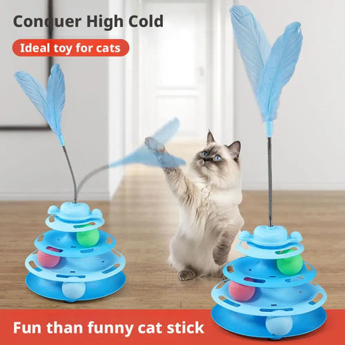 Interactive 3-Layer Cat Toy Tower - Rotating Ball & Feather Play Station