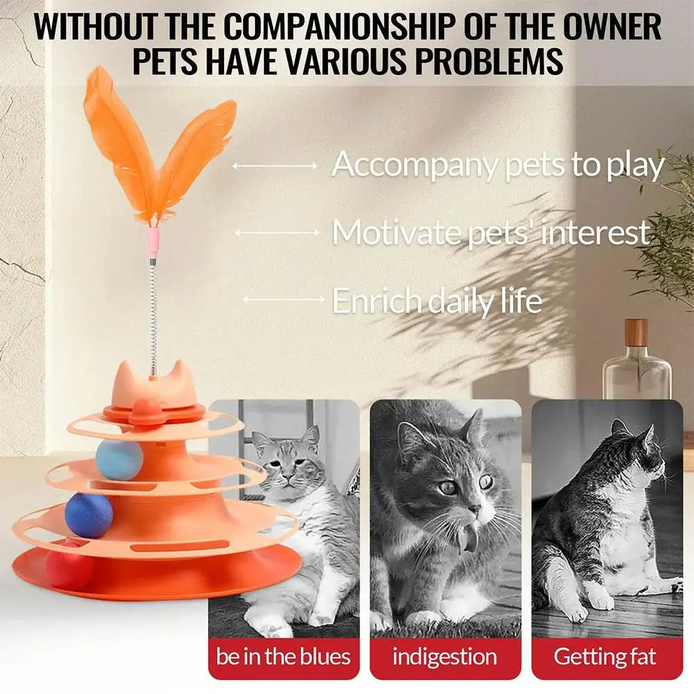 Interactive 3-Layer Cat Toy Tower - Rotating Ball & Feather Play Station