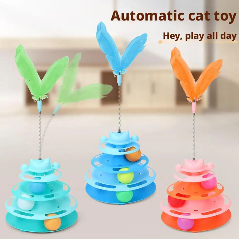 Interactive 3-Layer Cat Toy Tower - Rotating Ball & Feather Play Station